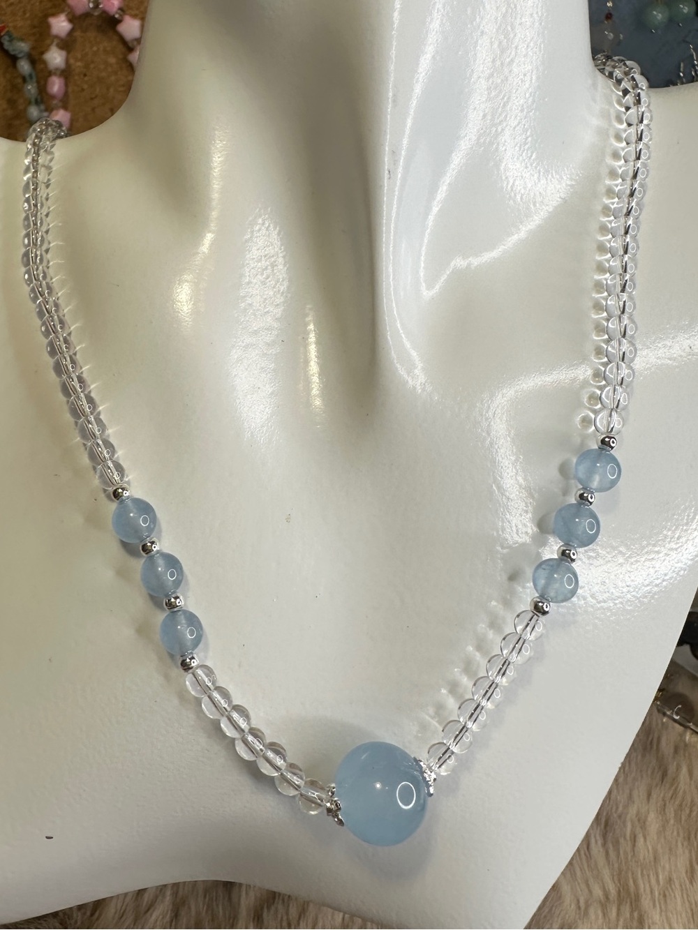 Aquamarine Clear Quartz Necklace 17 inches